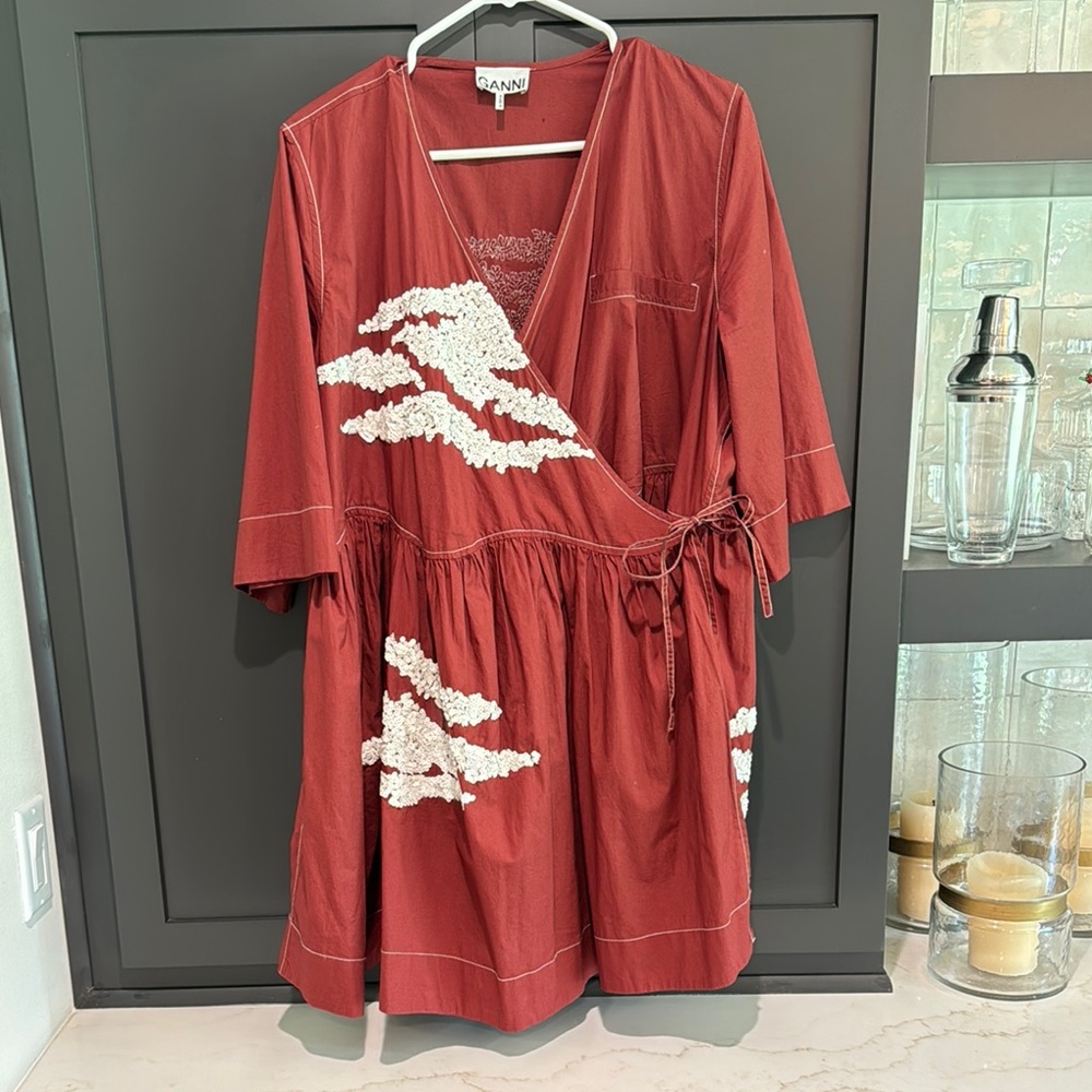 Ganni Red Wrap Dress with White Sequins